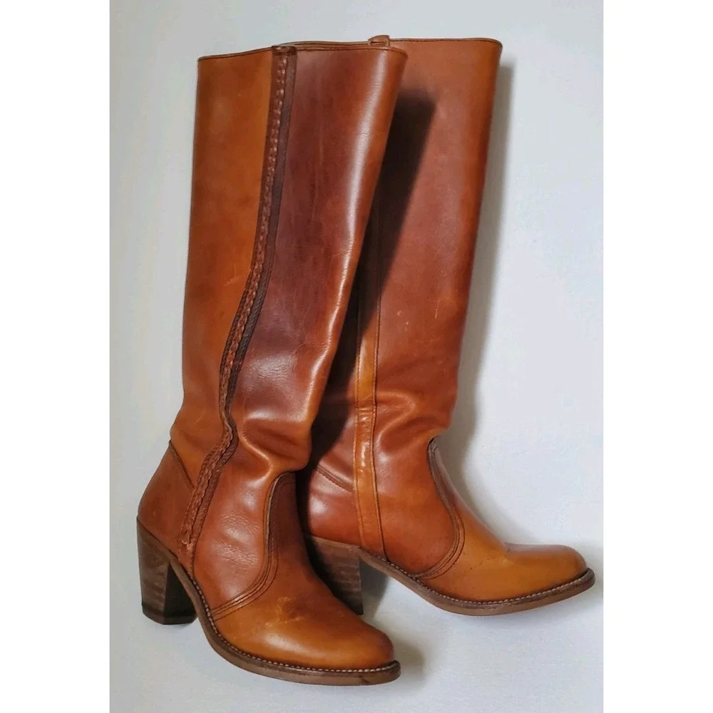 Vtg 70s Dexter Leather Knee High Boots Womens Sz 5 M Brown Weave Made In USA